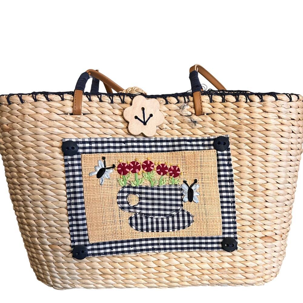 Breckenridge Straw Tote Bag Purse Blonde Wicker Picnic Blue Check Teacup Bee